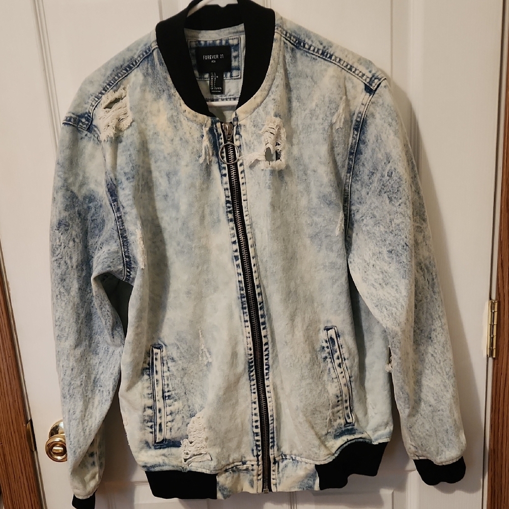 Forever 21 Distressed Denim Jacket - Blue and Black
